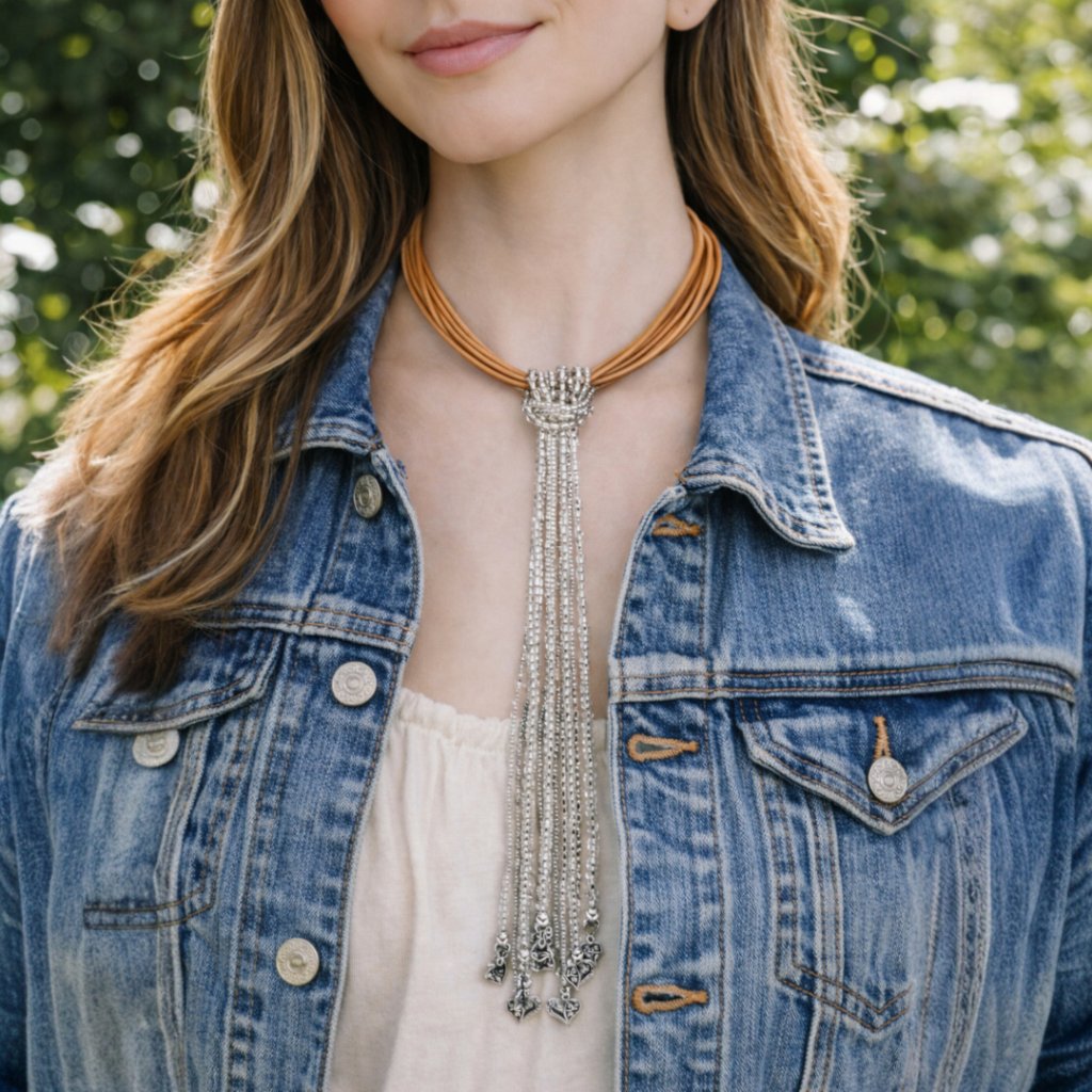 Multistrand Camel Brown Leather Choker With Beaded Strands Statement Necklace 45$